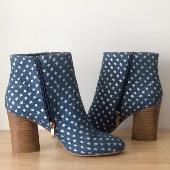 Gunmetal NEW Niana Ankle Bootie Boot Denim Metallic Silver Stars Block Heel NIB - Picture 9 of 14